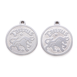 Taurus Non-Tarnish 201 Stainless Steel Pendants, Flat Round with Twelve Constellation, Laser Cut, Stainless Steel Color, Taurus, 25x22x1.5mm, Hole: 2mm