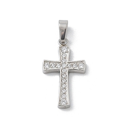 Нержавеющая Сталь Цвет 304 микро нержавеющей стали прокладывать Цирконом подвески, крест прелести, цвет нержавеющей стали, 17.5x10x1.8 мм, отверстие : 4x2.5 мм