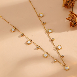 Star 304 Stainless Steel Natural White Shell Multi Pendant Necklaces for Women, with Clear Cubic Zirconia, Golden, Star, 15.75 inch(40cm), Pendant: 9mm