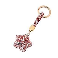 Light Siam PU Leather & Rhinestone Keychain, with Alloy Spring Gate Rings, Star, Light Siam, 13x4.5cm