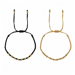 Mixed Color Round Brass Braided Bead Bracelet Sets for Women Men, Adjustable Stackable Bracelets, Golden, Mixed Color, 11.02 inch(28cm), 2pcs/set