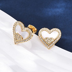 Настоящее золото 18K Серьги-гвоздики из латуни с микро-паве и прозрачным фианитом в форме сердца, с уха орехов, с оболочкой, без кадмия и без свинца, стойки покрытие, долговечный, реальный 18 k позолоченный, 14x14 мм