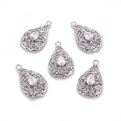 Platinum Brass Micro Pave Cubic Zirconia Pendants, Teardrop, Clear, Platinum, 21.5x12.5x5mm, Hole: 1.5mm