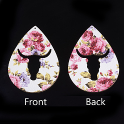 Colorful PU Leather Big Pendants, Teardrop with Bull, Colorful, 69.5x48x2mm, Hole: 1.5mm