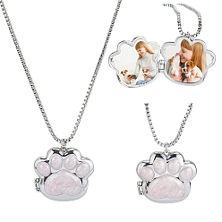 Платина Латунный эмалированный розовый кулон-медальон с отпечатком лапы для женщин, цепочка-коробочка., платина, 18.11 дюйм (46 см)