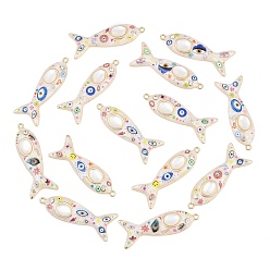 Mixed Color Printed Alloy Enamel Big Pendants, Fish with Evil Eye Pattern Charms, with Rhinestone and Resin Imitation Cat Eye, Cadmium Free & Nickel Free & Lead Free, Rack Plating, Golden, Mixed Color, 70.5x27x9mm, Hole: 3.5mm