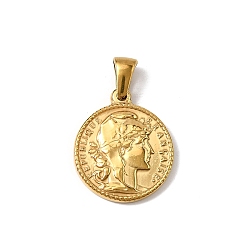 Настоящее золото 18K 304 подвески из нержавеющей стали, ионное покрытие (ip), плоский круглый с человеческим обаянием, реальный 18 k позолоченный, 20x17x2 мм, отверстие : 5x3 мм