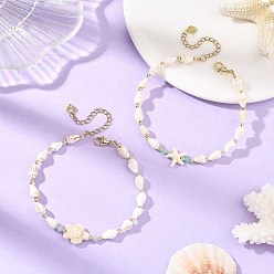 Golden 2Pcs 2 Styles Summer Beach Natural Sea Shell Conch & Synthetic Turquoise Beaded Anklet Sets for Women, Starfish Turtle Anklets, Floral White, Golden, 8-7/8 inch(225mm), 1pc/style