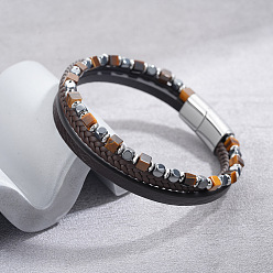 Ojo de Tigre Pulseras de cuero sintético PU trenzadas con cuentas cúbicas de ojo de tigre natural y hematita sintética no magnética, con cierres magnéticos de acero inoxidable., color acero inoxidable, 3 pulgada (304 cm)