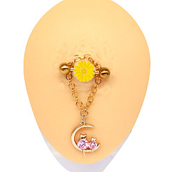 Луна 316l хирургические соски-штанги из нержавеющей стали с кубическим цирконием, цепочка кисточка кольца для сосков, золотые, луна, 14 мм, штифты : 1.6 мм