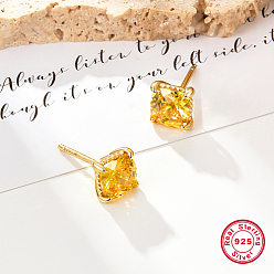 Gold Real 18K Gold Plated 925 Sterling Silver Stud Earrings, with Square Cubic Zirconia, with 925 Stamp, Gold, 7x7mm