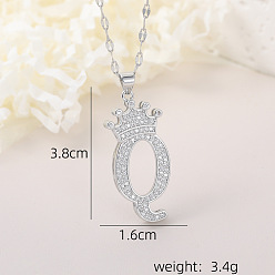 Letter Q Хип-хоп латунные микропаве кубические цирконии корона инициал подвеска ожерелья, 304 ожерелья из нержавеющей стали с цепочкой для женщин, платина, Буква Q, 15.75 дюйм (40 см)