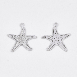Платина Латунь прелести, гравированные металлические украшения, долговечный, морская звезда / морские звезды, платина, 14x13x0.3 мм, отверстие : 1 мм