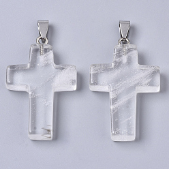 Кварц Синтетические кварцевые подвески, со случайной защелкой из нержавеющей стали, крестик, 44~46x27~29x6~8 мм, отверстие : 4x8 мм