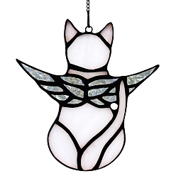 White Angel Cat Stained Acrylic Window Planel, for Suncatchers Window Home Hanging Ornaments, White, 120x130mm