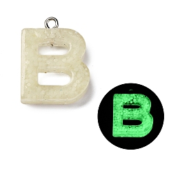 Letter B Светящиеся подвески смолы, светится в темноте, с платиновым покрытием петли, буквы, В письме, 23x18x5 мм, отверстие : 1.8 мм