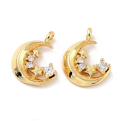 Real 18K Gold Plated Eco-Friendly Brass Micro Pave Clear Cubic Zirconia Charms, Cadmium Free & Lead Free, Moon, Real 18K Gold Plated, 11.5x9.5x2.5mm, Hole: 1.5mm