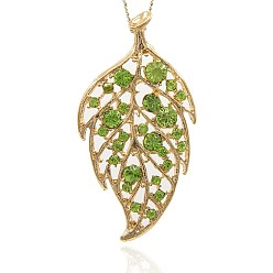 Péridot Alliage strass feuilles gros pendentifs, or, péridot, 77x39x5mm, Trou: 5mm