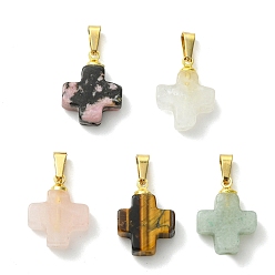 Смешанные камни Природные каменные смешанные подвески, Религиозные крестики-подвески с 304 защелкивающимися креплениями из нержавеющей стали, золотые, 17~17.5x13~13.5x5 мм, отверстие : 6x3 мм