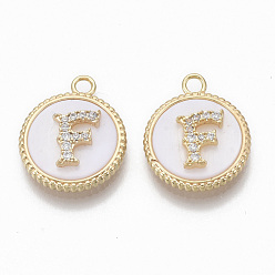 Letter F Brass Micro Pave Cubic Zirconia Pendants, with Shell, Flat Round with Letter, Nickel Free, Clear, Creamy White, Real 18K Gold Plated, Letter.F, 17x14x4mm, Hole: 1.8mm