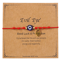 Red Handmade Adjustable Blue Evil Eye Glass Braided Bead Bracelets with Stainless Steel Religion Hamsa Hand for Women, Golden, with Paper Display Cards, Red, 11.02 inch(28cm)