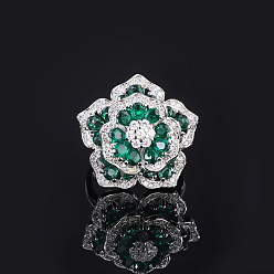 Темный Голубой Латунные микропаве кубические цирконии манжеты открытые кольца для женщин, цветок, платина, темные голубые, размер США 4 1/4(15мм)~20мм