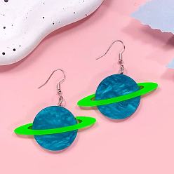 Dark Cyan Iron Acrylic Dangle Earrings for Women, Planet, Dark Cyan, 53x55mm