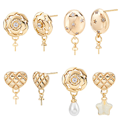Golden 12Pcs 3 Style Brass Stud Earring Findings, with 925 Sterling Silver Pins and Cup Peg Bails, for Half Drilled Bead, Cadmium Free & Nickel Free & Lead Free, with 40Pcs Plastic Ear Nuts, Golden, 17~21.5x10~12.5mm, Pin: 0.7mm, Pin: 0.7mm(for Half Drilled Beads), 4Pcs/style