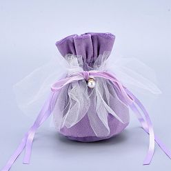 Фиолетовый Бархатные украшения подарочные пакеты на шнурке, с пластиковой имитацией жемчуга и белой пряжей, мешочки для конфет на свадьбу, фиолетовые, 14.2x14.9x0.4 см