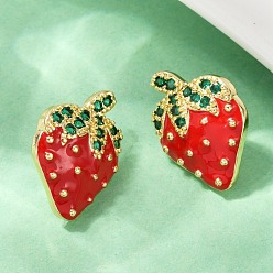 Клубника Латунные микро проложить серьги стержня кубического циркония, с эмалью, стойки покрытие, прочное покрытие, без кадмия и без свинца, реальный 18 k позолоченный, клубника, 20x15 мм