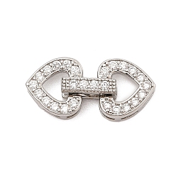 Платина Латунное микропейв, прозрачный кубический цирконий, складные застежки, без кадмия, без никеля и без свинца, сердце, платина, 20.5x9.5x3.5~4.5 мм, отверстие : 2.5x0.8 мм
