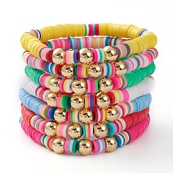 Mixed Color 7Pcs Rainbow Polymer Clay Heishi Beads Stretch Bracelets Set, Stackable Bracelets, with Golden Plated Brass Round Beads, Mixed Color, Inner Diameter: 2-1/8 inch(5.4cm)