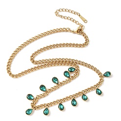 Изумруд 304 ожерелья из нержавеющей стали со стразами и каплевидной кисточкой в виде витой цепи для женщин, золотые, изумруд, 16.69 дюйм (42.4 см)