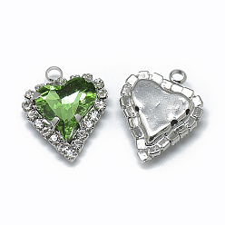 Перидот Стеклянные стразы подвески, с латунной фурнитурой платинового цвета, сердце, перидот, 21x16.5x6 мм, отверстие : 2 мм
