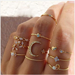 Золотой 10шт. сплав с кристаллами стразами кольца для пальцев, луна/лист/сердце, золотые, внутренний диаметр: 16~19 мм
