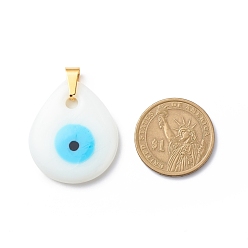 White Handmade Lampwork Pendants, with 201 Stainless Steel Findings, Teardrop with Evil Eye, White, 34.5x29.5x5.5mm, Hole: 4x4mm