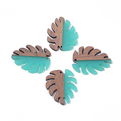 Turquoise Resin & Walnut Wood Pendants, Tropical Leaf Charms, Monstera Leaf, Turquoise, 37.5x30x3~3.5mm, Hole: 2mm