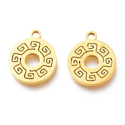 Doré  Placage ionique (ip) 201 breloques en acier inoxydable, Coupe au laser, plat rond avec motif clé grecque, or, 12x10x1mm, Trou: 1.2mm