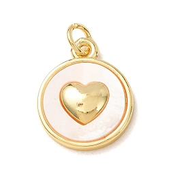 Golden Brass Pendants, with White Shell, Flat Round with Heart Charms, Golden, 17.5x14x3.5mm, Hole: 3mm