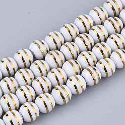 Золотистый Стеклянные бусины с гальваническим покрытием , круглый с полосой, золотые, 8x7.5 мм, отверстие : 1.2 мм, около 40 шт / нитка, 11.8 дюйм