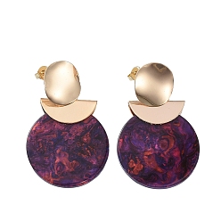 Colorful Cellulose Acetate(Resin) Dangle Stud Earrings, with Real 18K Gold Plated Brass Stud Earring Findings, Brass & Plastic Ear Nuts and Cardboard Boxes, Flat Round, Colorful, 46mm, Pin: 0.7mm
