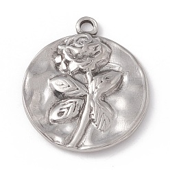 Нержавеющая Сталь Цвет Не тускнеющие 304 подвески из нержавеющей стали, плоские круглые с розовым рисунком, цвет нержавеющей стали, 21x18x2 мм, отверстие : 1.6 мм