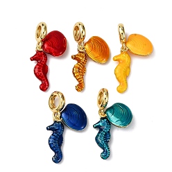 (52) Непрозрачная лаванда Латунные эмалированные европейские подвески с подвесками, подвески с большим отверстием в форме ракушки морского конька, долговечный, стойки покрытие, без кадмия и без свинца, реальный 18 k позолоченный, разноцветные, 32 мм, отверстие : 5.5 мм