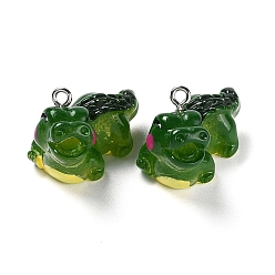 Green Opaque Resin Pendants, Crocodile Charms, with Platinum Tone Iron Loops, Green, 20x14.5x25.5mm, Hole: 2mm