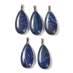 Lapis Lazuli Dyed Natural Lapis Lazuli Pendants, with 304 Stainless Steel Snap on Bails, Teardrop Charm, 44x20x9mm, Hole: 7x4mm