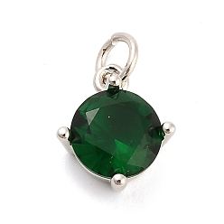 Морско-зеленый Латунь стекло кулоны, плоско-круглые, долговечный, стойки покрытие, без свинца и без кадмия, граненые, платина, цвета морской волны, 12.5x10x5.5 мм