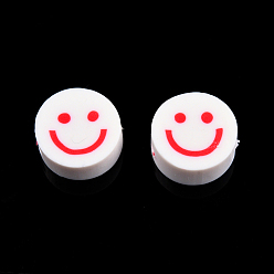 Crimson Handmade Polymer Clay Beads, Flat Round with Smiling Face, Crimson, 9~10x4mm, Hole: 1.2~1.6mm