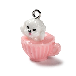 Pink 3d подвески из непрозрачной смолы, собака с подвесками в виде чашки, с платиновыми тоновыми железными петлями, розовые, 22x17.5x14 мм, отверстие : 2 мм