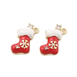 Christmas Socking Рождественские тематические латунные подвески с микропаве и кубическим цирконием, с эмалью, без свинца и без кадмия, долговечный, реальный 18 k позолоченный, рождественские носки, 15x12.5x3.5 мм, отверстие : 1.5 мм