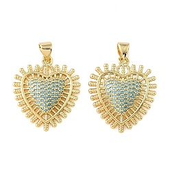 Chapado en Oro Real 18K Colgantes de circonita cúbica azul cielo con micro pavé de latón, corazones con rayos encantadores, chapado en rack, larga duración plateado, sin plomo y cadmio, real 18 k chapado en oro, 25x21x5 mm, agujero: 4x3.5 mm